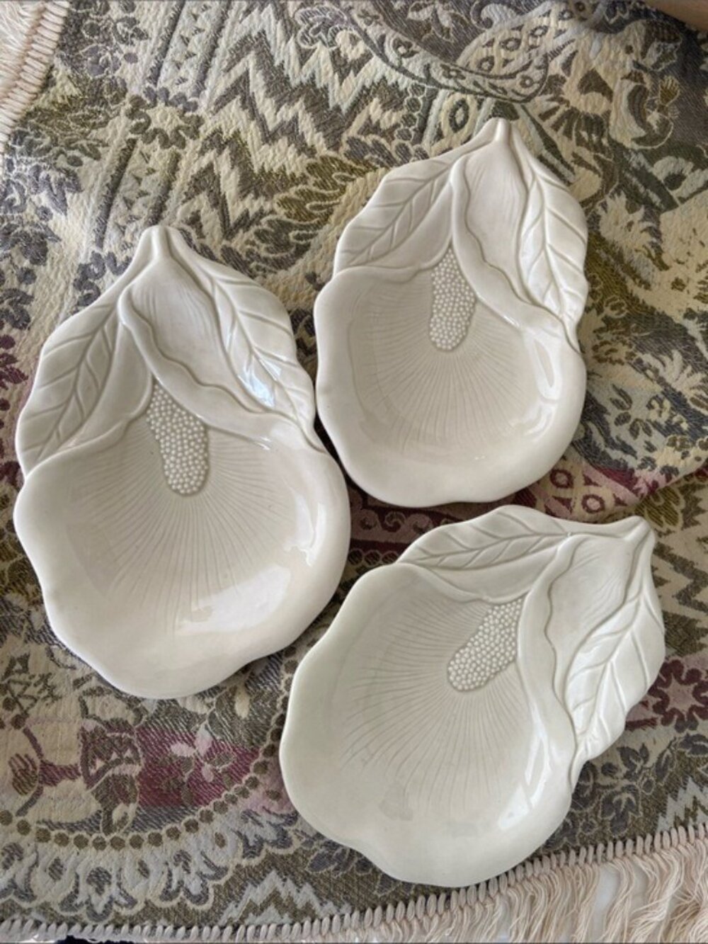 Vintage Fitz & Floyd Calla Lily Ceramic Trinket Dishes Set of 3 Ivory Floral Dec